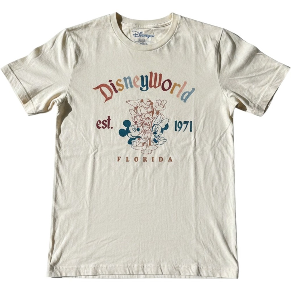 Disney World Florida Est 1971 Mickey Minnie Graphic T-Shirt Cream Women M Mickey